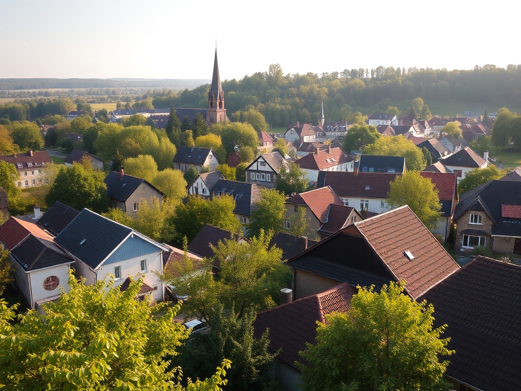 Bocian biały wylądowujący na gnieździe na dachu domu w Lubaczowie o zmierzchu